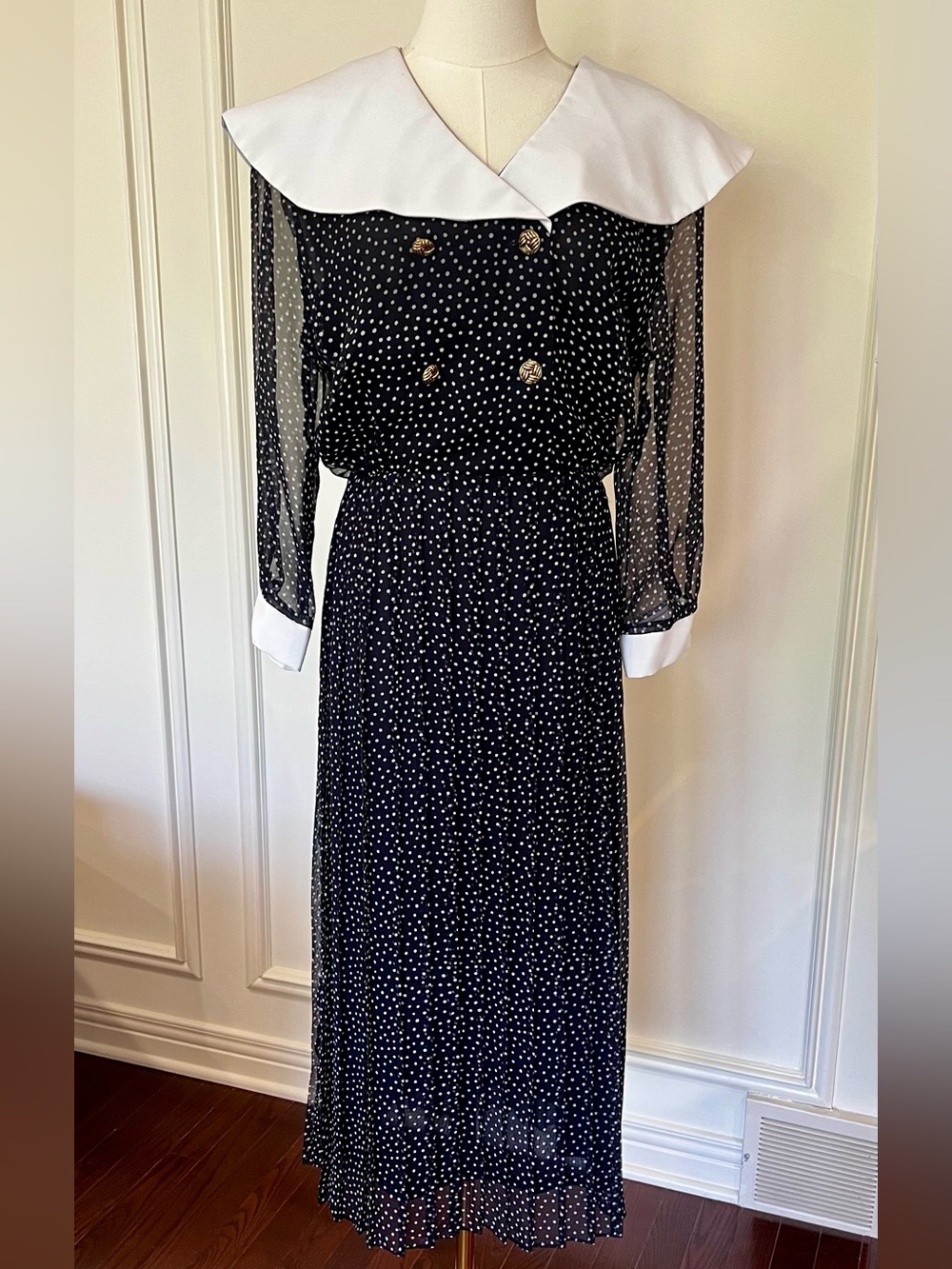 Vintage Polka‎ Dot Dress Statement Collar Sheer Sleeve Navy White Midi 80s Diana